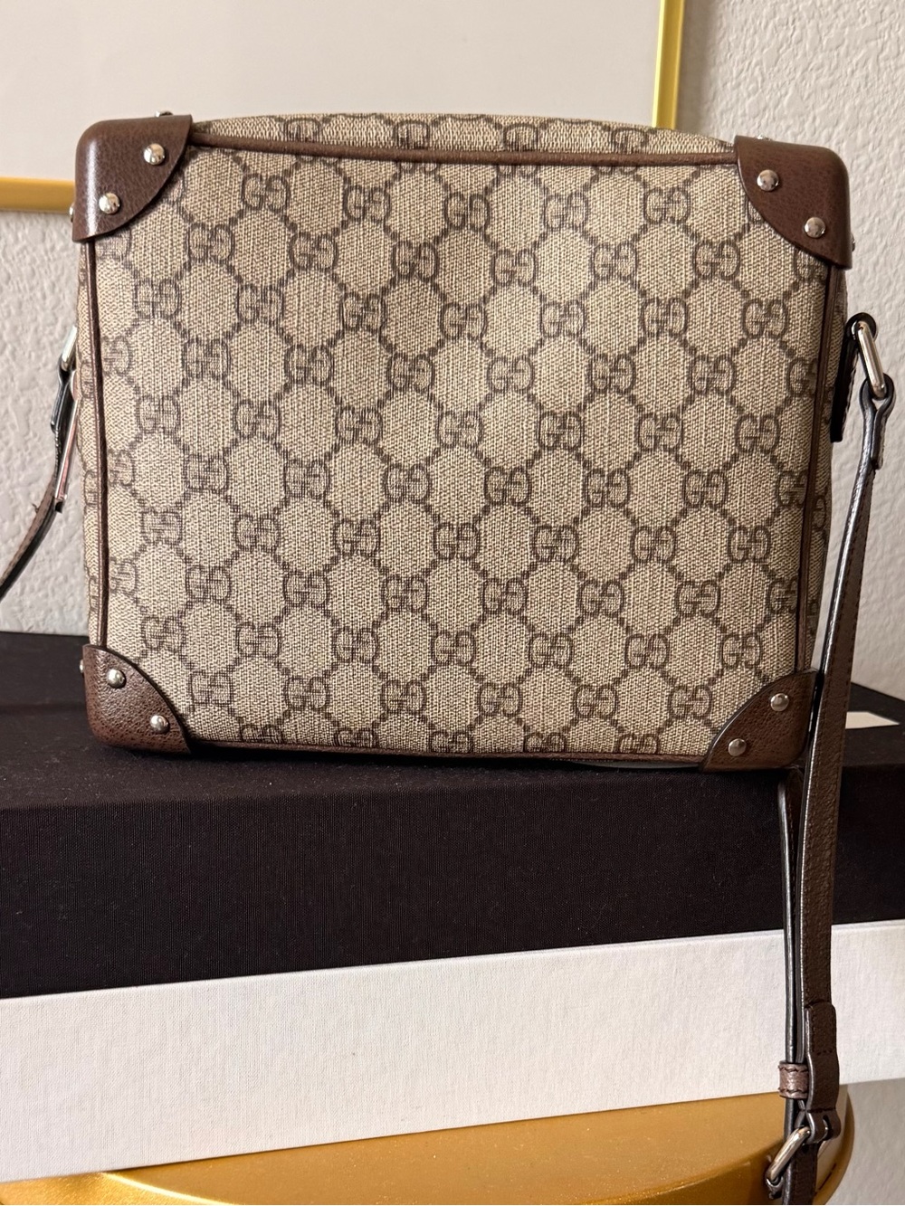 GUCCI GG Supreme Monogram Square Shoulder Bag Brown Strap Trunk Boxy